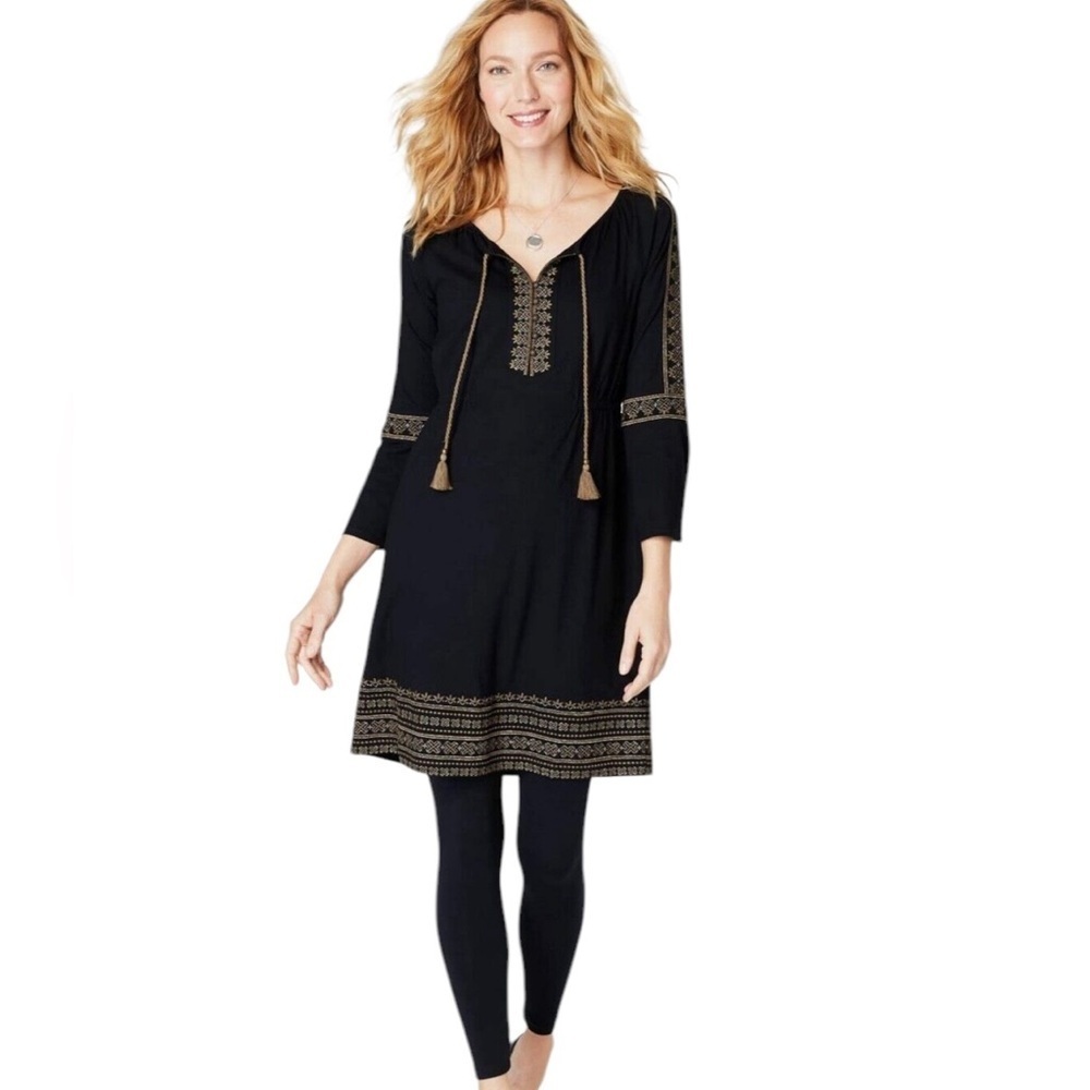 J. Jill Embroidered Cotton Blend Boho Knit Peasant Sheath Dress Black Size S